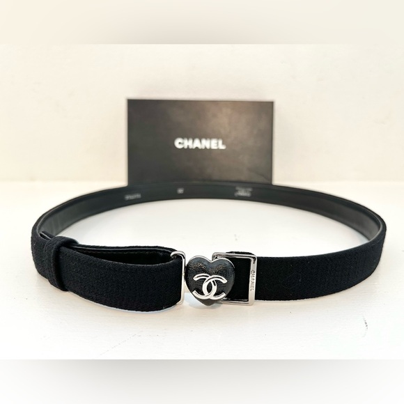 Auth CHANEL 07A Black CC Heart Skinny Adjustable Canvas/Leather Belt - Picture 1 of 16